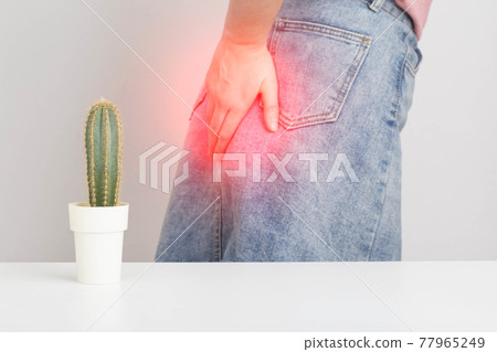 A cactus in the foreground, in the background a girl in a skirt is holding her anus with her hand. Hemora and proctitis diseases concept, proctology and muscle syndrome 77965249