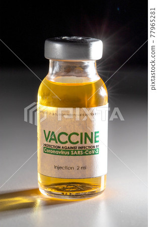 Vial with coronavirus vaccine on a black background, close-up. Vaccine development and research concept SARS-Cov-2 and covid-19 Vial with coronavirus vaccine on a black background, close-up. Vaccine development and research concept SARS-Cov-2 and covid-19 77965281