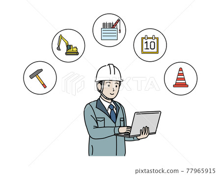 Site director using a laptop architect male plan schedule illustration material 77965915