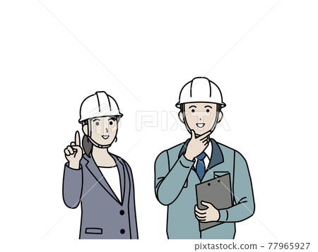 Look up, point to the top, on-site supervisor, employee, manufacturing industry, men and women, copy space, illustration material 77965927