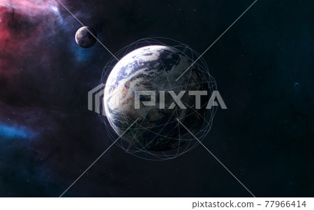 Planet Earth. Moon. Visualization of satellite orbits. Solar system. 3D render 77966414