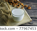 Glass of milk close-up. 77967453