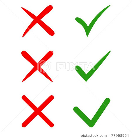 Vector stylish check marks set. Green tick and red cross in different shapes. YES or NO accept and decline symbol. Vector icons for internet buttons props or web page. Vector decor isolated on white Vector stylish check marks set. Green tick and red cross in different shapes. YES or NO accept and decline symbol. Vector icons for internet buttons props or web page. Vector decor isolated on white 77968964