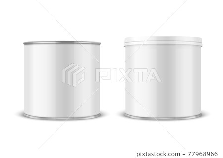 Vector 3d Realistic Blank Glossy White Metal Tin Can, Canned Food, Potato Chips Packaging With Lid Set Isolated On White Background. Small Size. Design Template, Mockup. Front View Vector 3d Realistic Blank Glossy White Metal Tin Can, Canned Food, Potato Chips Packaging With Lid Set Isolated On White Background. Small Size. Design Template, Mockup. Front View 77968966