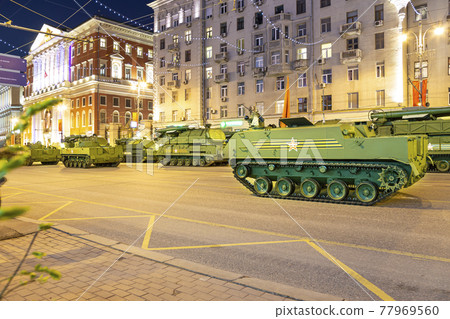Russian weapons. Rehearsal of military parade (at night) near the Kremlin, Moscow, Russia. Celebration of the 70th anniversary of the Victory Day(WWII) Russian weapons. Rehearsal of military parade (at night) near the Kremlin, Moscow, Russia. Celebration of the 70th anniversary of the Victory Day(WWII) 77969560