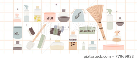 Natural household cleaners: soda, vinegar, lemon, mustard powder, salt, laundry soap. Eco friendly detergents, chemical free. Zero waste lifestyle. Green home concept. Vector flat cartoon illustration Natural household cleaners: soda, vinegar, lemon, mustard powder, salt, laundry soap. Eco friendly detergents, chemical free. Zero waste lifestyle. Green home concept. Vector flat cartoon illustration 77969958
