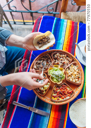 mexican plate with different meat and guacamole. mexican plate with different meat and guacamole. 77970550