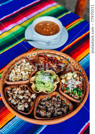 mexican plate with different meat and guacamole. mexican plate with different meat and guacamole. 77970551