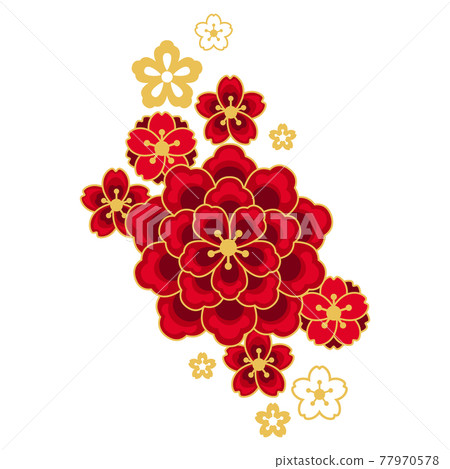 Illustration of blossoming sakura and peonies. Decorative oriental symbol for design of cards and invitations. 77970578