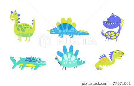 Funny Dinosaurs as Ancient Reptiles with Horns, Tail and Fangs Vector Set Funny Dinosaurs as Ancient Reptiles with Horns, Tail and Fangs Vector Set 77971001