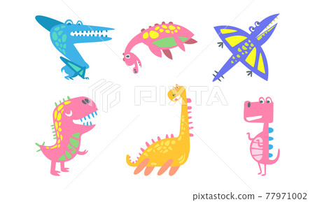 Funny Dinosaurs as Ancient Reptiles with Horns, Tail and Fangs Vector Set Funny Dinosaurs as Ancient Reptiles with Horns, Tail and Fangs Vector Set 77971002