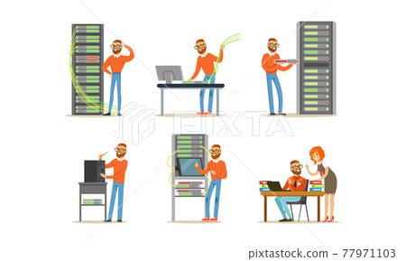 Young Bearded Man Engaged in Repair and Maintenance of Servers and Computers Vector Set Young Bearded Man Engaged in Repair and Maintenance of Servers and Computers Vector Set 77971103