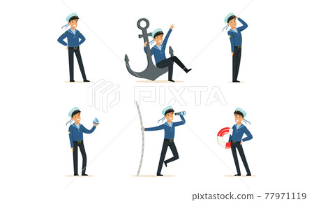 Sailor or Seaman in Striped Vest Working Aboard Watercraft Vector Set 77971119