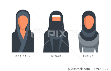 Muslim Female Headgears Set, Doa Gaun, Niqab, Tuding Headdress Flat Vector Illustration 77971127