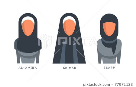 Muslim Female Headgears Set, Al-amira, Khimar, Esarp Headdress Flat Vector Illustration 77971128