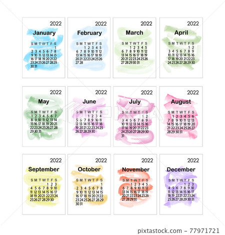 Calendar template for the year 2022 in simple minimalist style, abstract colorful background loose brush strokes, week starts on Sunday, vector printable page 77971721