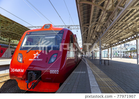 Aeroexpress Train (written in Russian) at the Belorussky railway station.Moscow,Russia -- high-speed train acquired OAO "Russian Railways" for use on the Russian high-speed railways 77971907