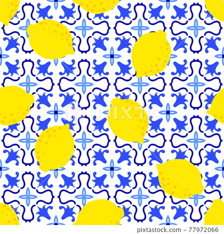 Lemon pattern. Citrus fruit on ceramic tile pattern made in Mediterranean style inspired by 77972066