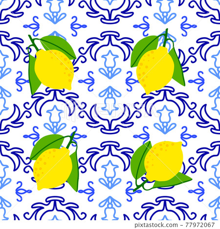 Lemon pattern. Citrus fruit on ceramic tile pattern made in Mediterranean style inspired by 77972067