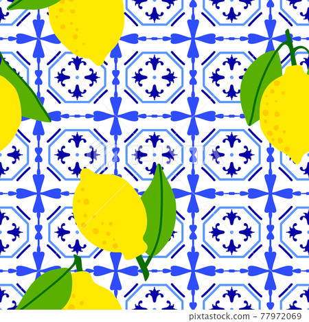 Lemon pattern. Citrus fruit on ceramic tile pattern made in Mediterranean style inspired by 77972069