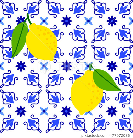 Lemon pattern. Citrus fruit on ceramic tile pattern made in Mediterranean style inspired by 77972086