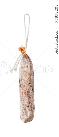 Whole spanish longaniza sausage hanging on a white rope isolated on white background. 77972203