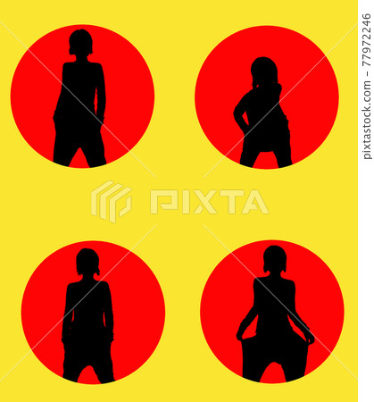 silhouettes of dancing girls on the background of a circular beam of light silhouettes of dancing girls on the background of a circular beam of light 77972246