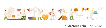 Chef cooks are cooking burger on kitchen in restaurant. Funny men and women making dish. Set dinner preparation process cookers work. Vector illustration isolated on background. EPS Chef cooks are cooking burger on kitchen in restaurant. Funny men and women making dish. Set dinner preparation process cookers work. Vector illustration isolated on background. EPS 77972425