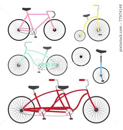 Vector set of different color flat cartoon bicycle 77974148