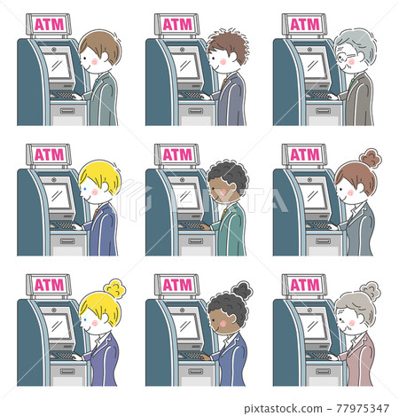 使用 ATM 的商人的插圖集 使用 ATM 的商人的插圖集 77975347