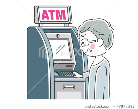 Illustration of an elderly man using an ATM 77975352