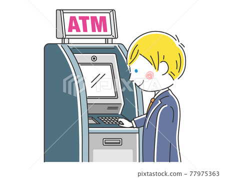Illustration of a businessman using an ATM 77975363