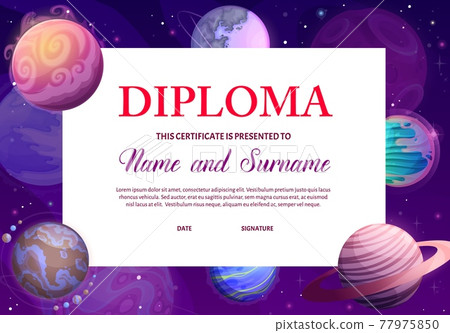Kids diploma with space planets, award certificate 77975850