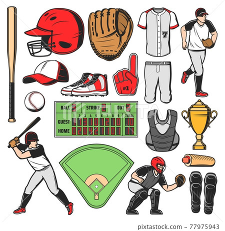 Baseball sport equipment, field, players Baseball sport equipment, field, players 77975943