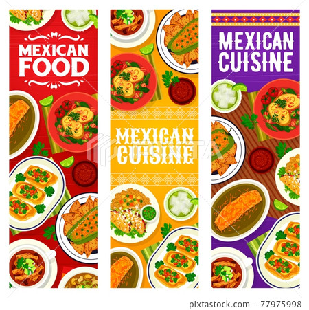 Mexican cuisine food banners, tacos and guacamole 77975998