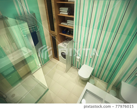 3d illustration of the interior design of a bathroom with a shower. Bathroom concept in mint colors 3d illustration of the interior design of a bathroom with a shower. Bathroom concept in mint colors 77976015