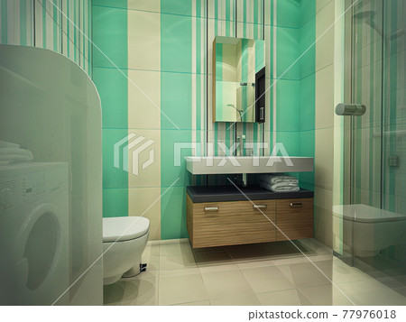 3d illustration of the interior design of a bathroom with a shower. Bathroom concept in mint colors 3d illustration of the interior design of a bathroom with a shower. Bathroom concept in mint colors 77976018