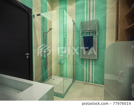 3d illustration of the interior design of a bathroom with a shower. Bathroom concept in mint colors 3d illustration of the interior design of a bathroom with a shower. Bathroom concept in mint colors 77976019