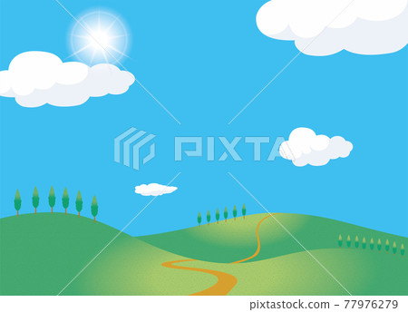 夏日形象插畫背景素材：耀眼的陽光，1pondo的小山，小山，藍天白雲白楊樹 77976279