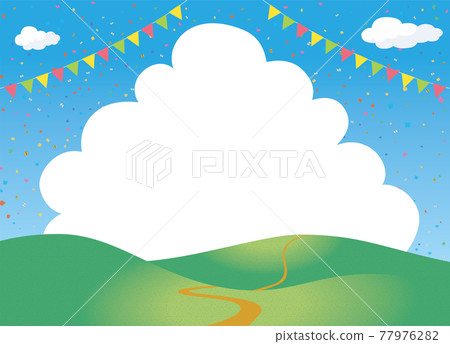 Illustration of summer image Background material: Confetti, triangular flag garland, 1pondo hill, hill, blue sky, and large white clouds Cumulonimbus 77976282