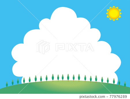 夏日影像插畫背景素材:藍天白雲襯托下的丘陵/丘陵和白楊林 積雨雲空間 夏日影像插畫背景素材:藍天白雲襯托下的丘陵/丘陵和白楊林 積雨雲空間 77976289