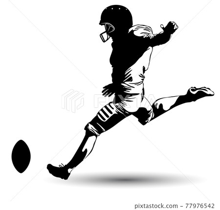 Black and white image of a football player kicking the ball Black and white image of a football player kicking the ball 77976542