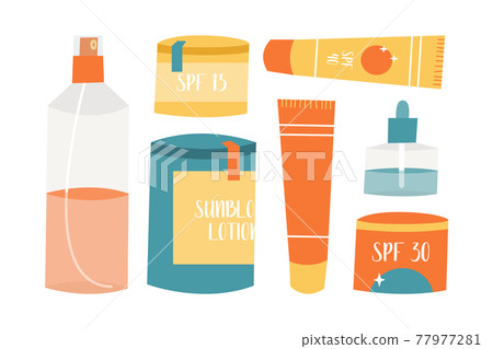 Sunscreen products in different bottles. Sunblock lotion, oil, gel, moisturizer, spray. UV protection, skin care with SPF. Vector flat cartoon illustration 77977281