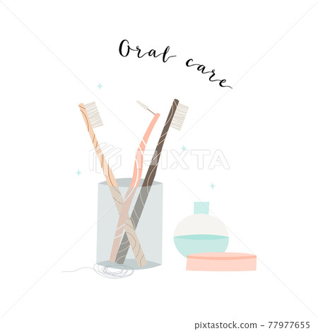 Oral care. Dental cleaning tools: toothbrush, toothpaste, dentifrice, dental floss, mouthwash. Dental hygiene, teeth care. Vector flat cartoon illustration 77977655