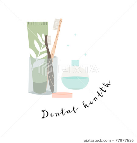 Oral care. Dental cleaning tools: toothbrush, toothpaste, dentifrice, dental floss, mouthwash. Dental hygiene, teeth care. Vector flat cartoon illustration Oral care. Dental cleaning tools: toothbrush, toothpaste, dentifrice, dental floss, mouthwash. Dental hygiene, teeth care. Vector flat cartoon illustration 77977656
