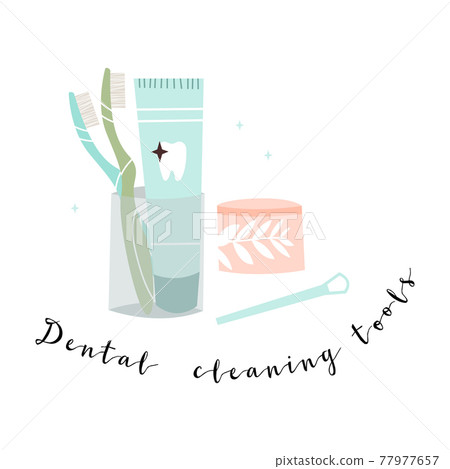 Oral care. Dental cleaning tools: toothbrush, toothpaste, dentifrice, dental floss, mouthwash. Dental hygiene, teeth care. Vector flat cartoon illustration 77977657