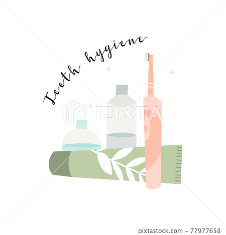 Oral care. Dental cleaning tools: toothbrush, toothpaste, dentifrice, dental floss, mouthwash. Dental hygiene, teeth care. Vector flat cartoon illustration Oral care. Dental cleaning tools: toothbrush, toothpaste, dentifrice, dental floss, mouthwash. Dental hygiene, teeth care. Vector flat cartoon illustration 77977658