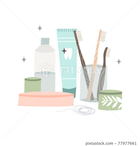 Oral care. Dental cleaning tools: toothbrush, toothpaste, dentifrice, dental floss, mouthwash. Dental hygiene, teeth care. Vector flat cartoon illustration Oral care. Dental cleaning tools: toothbrush, toothpaste, dentifrice, dental floss, mouthwash. Dental hygiene, teeth care. Vector flat cartoon illustration 77977661