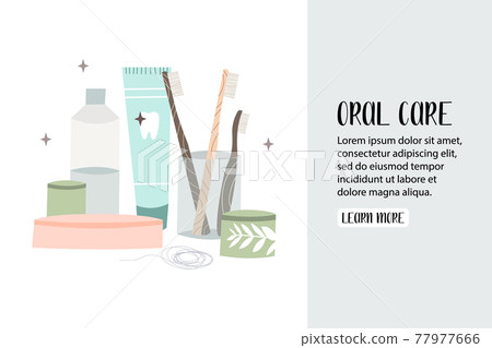 Oral care. Dental cleaning tools: toothbrush, toothpaste, dentifrice, dental floss, mouthwash. Dental hygiene, teeth care. Vector flat cartoon illustration 77977666