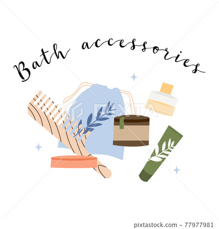 Bathroom accessories, bath items. Dental cleaning tools, natural skin care, organic cosmetics. Zero waste bathroom, reusable products. Eco friendly lifestyle. Vector flat cartoon illustration Bathroom accessories, bath items. Dental cleaning tools, natural skin care, organic cosmetics. Zero waste bathroom, reusable products. Eco friendly lifestyle. Vector flat cartoon illustration 77977981